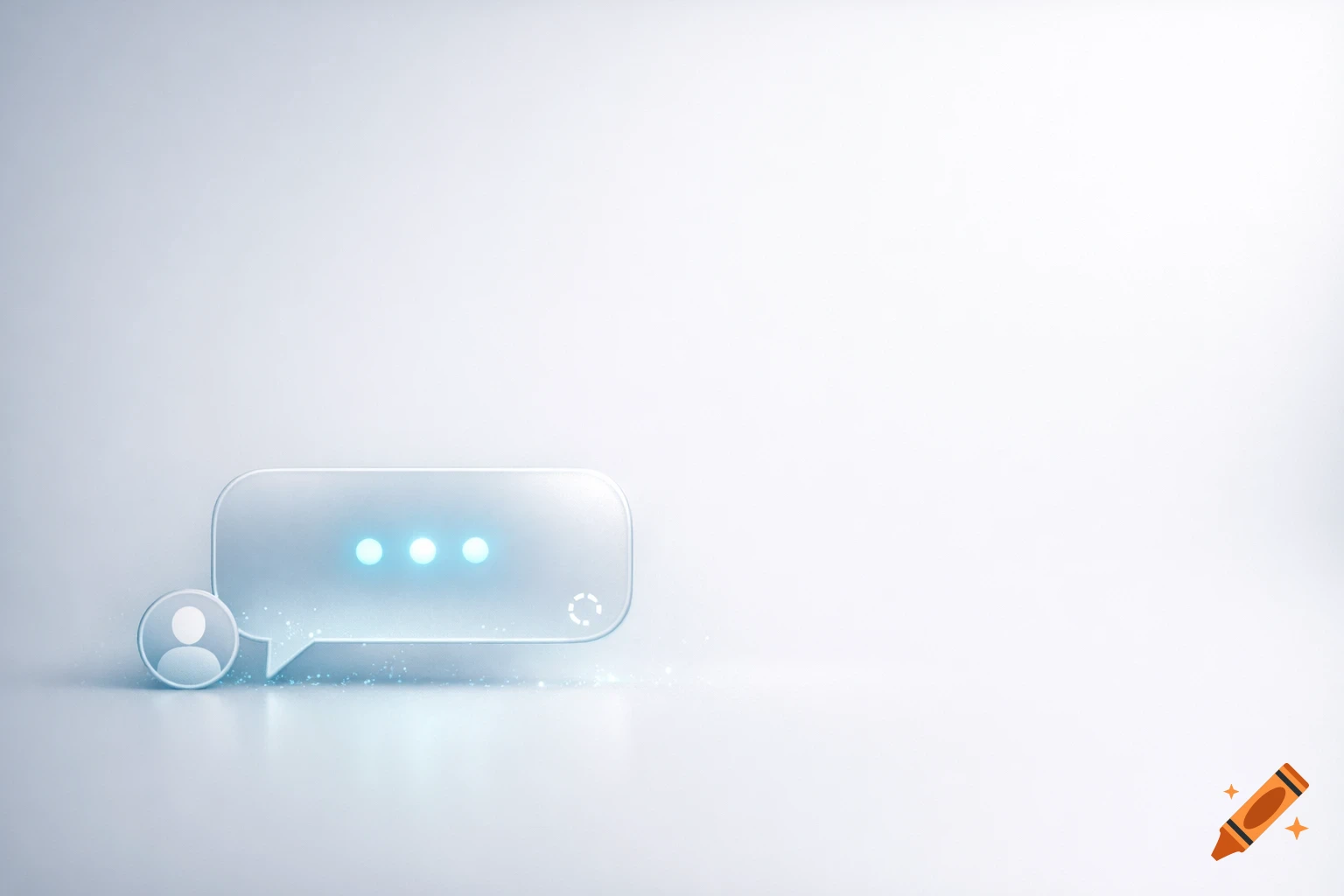 Glowing 3D minimalist chat bubble with blue dots and a person icon on a white background with subtle sparkle.