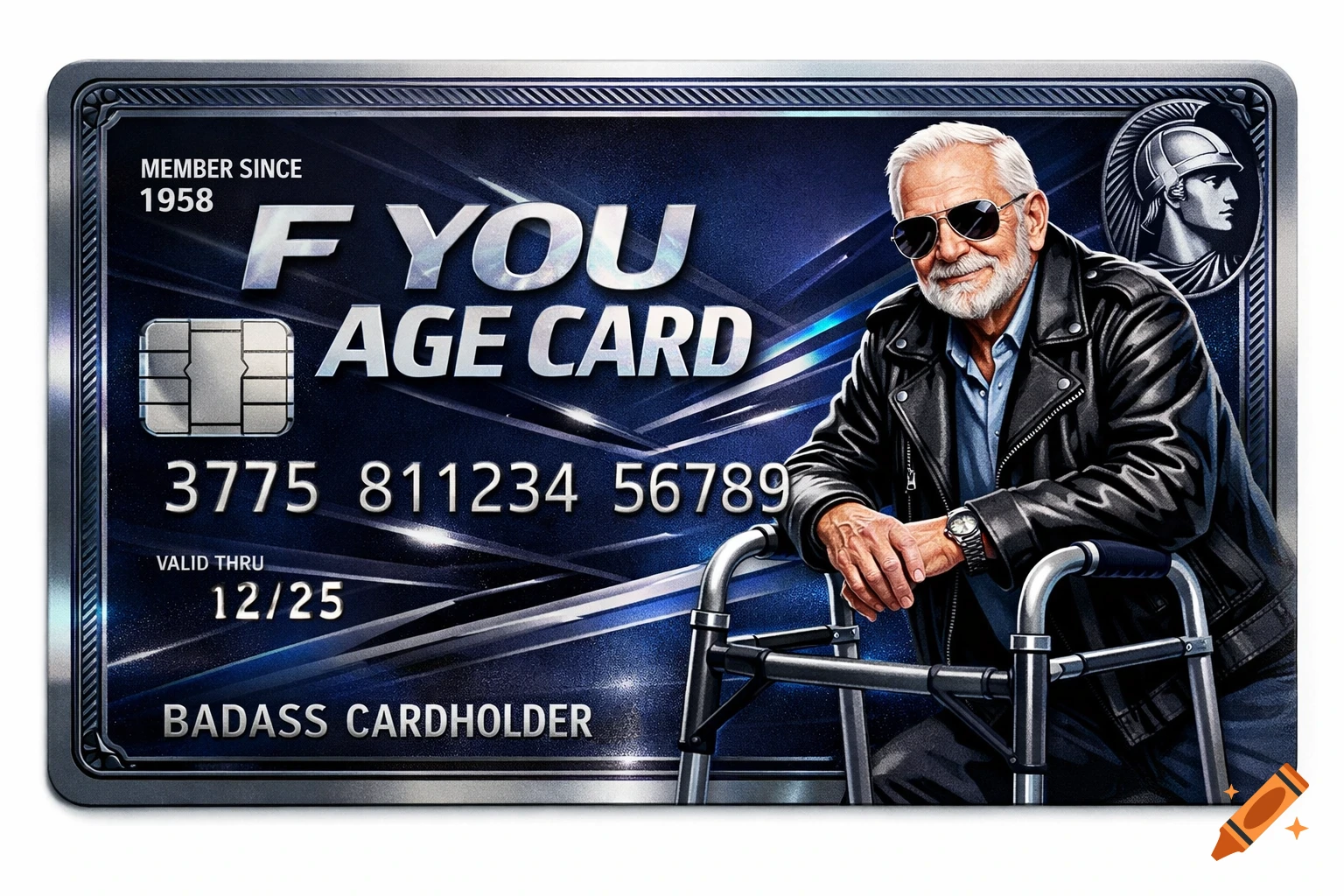 An illustration of a humorous 'F You Age Card' credit card featuring an elderly man with sunglasses and a walker.