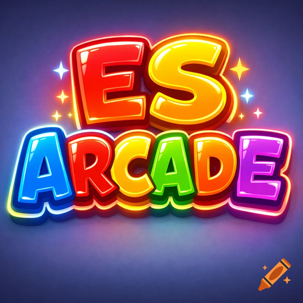 Colorful, glowing neon text reading 'ES ARCADE' in a retro cartoon arcade style with sparkling stars on a dark background.