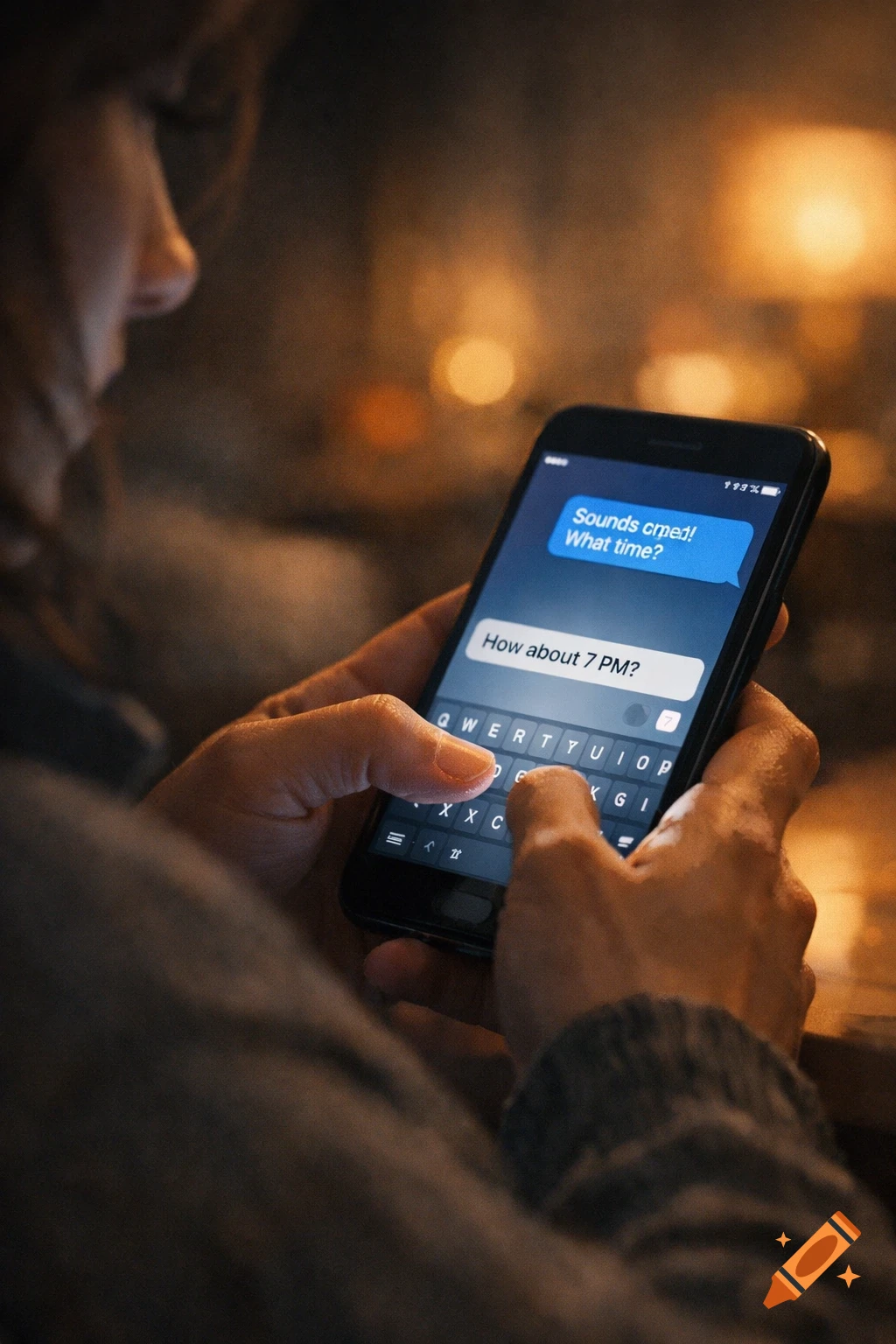 Close-up of a person holding a smartphone, typing a message with hands, displaying a chat conversation on screen in a warm, blurred indoor setting.