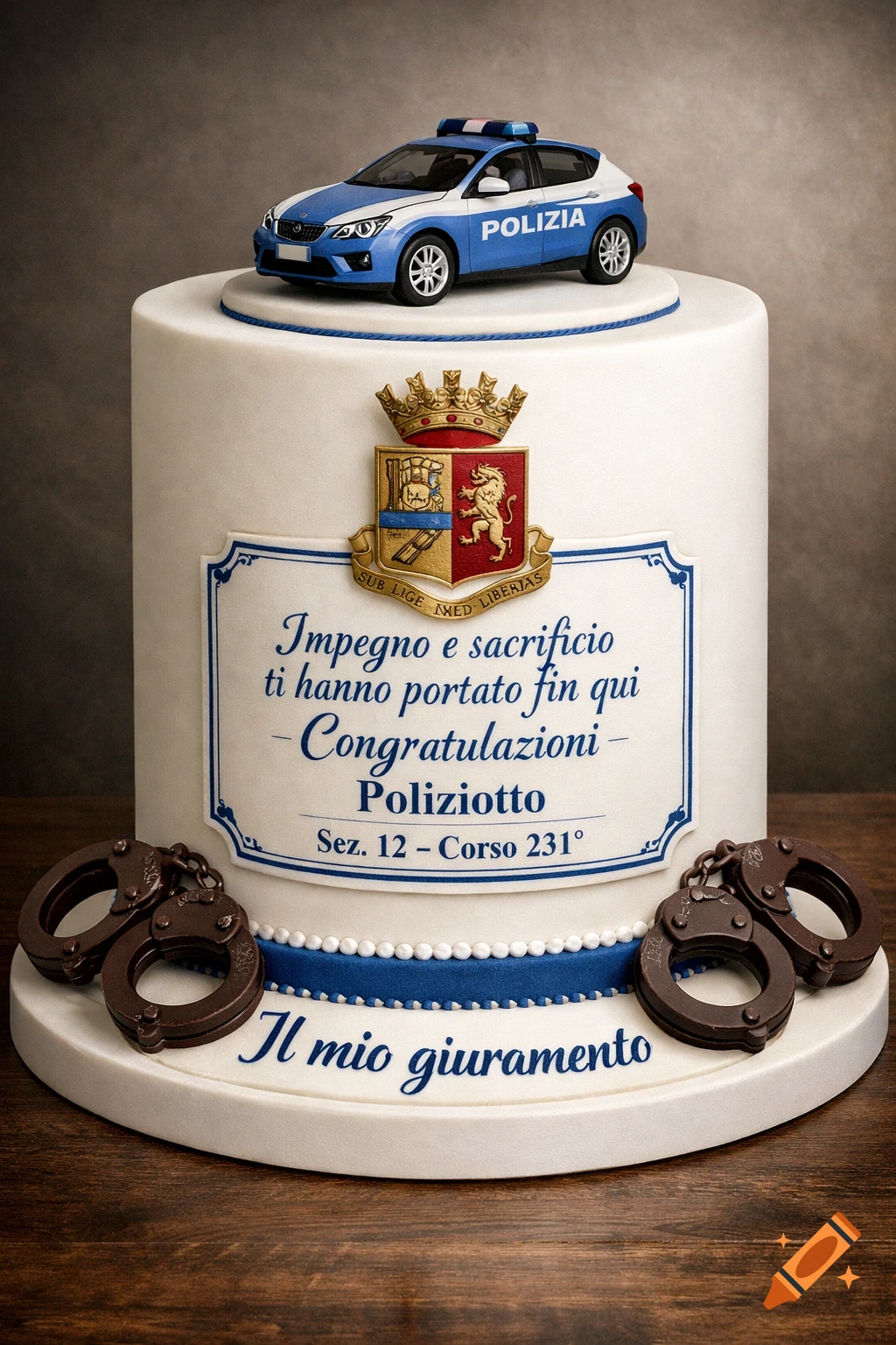 A white tiered cake decorated with a toy police car on top, an Italian police emblem, text, and chocolate handcuffs.