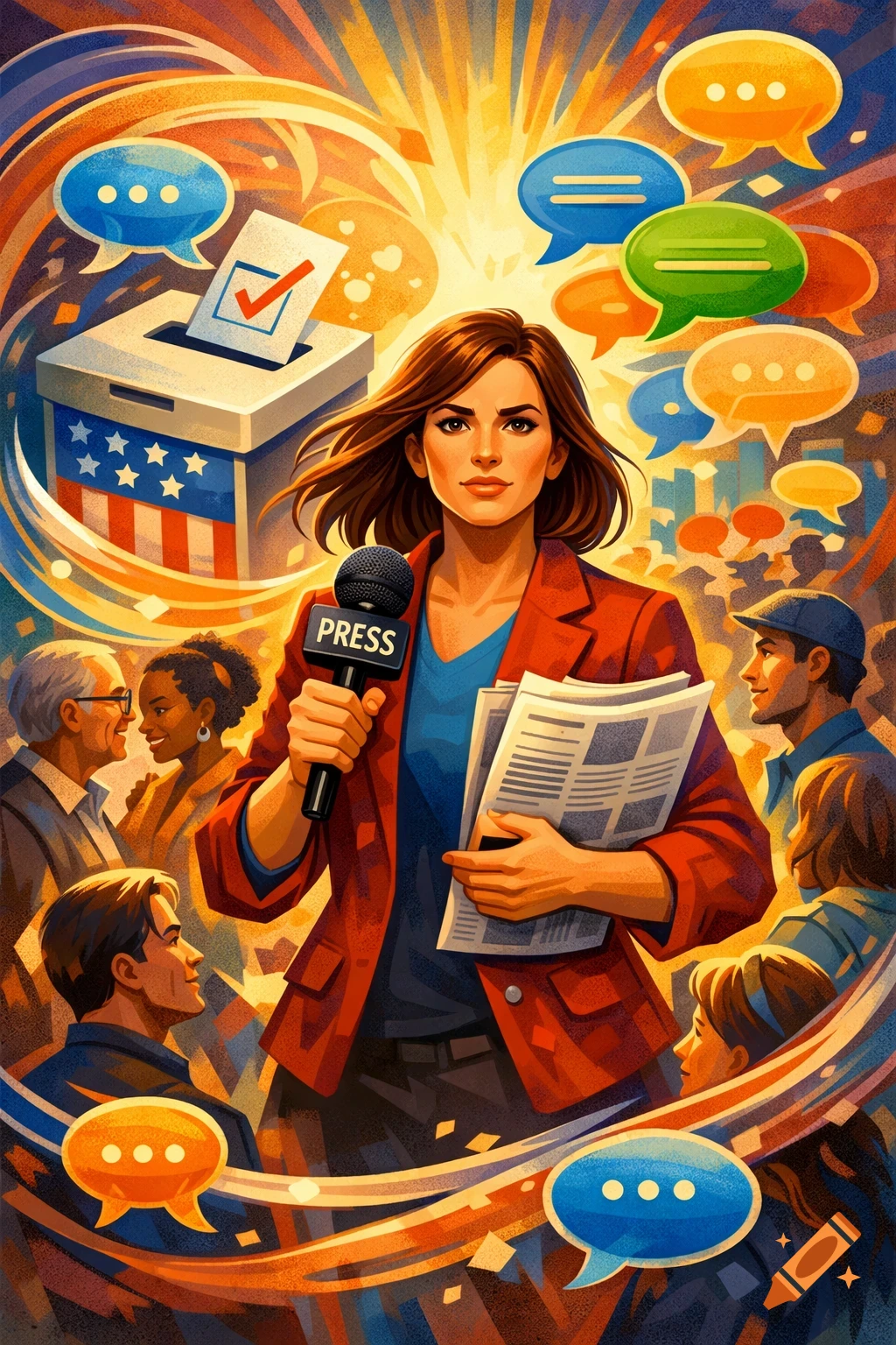 A vibrant illustration of a female journalist holding a microphone and newspaper, surrounded by diverse citizens and democracy symbols like a ballot box and speech bubbles.