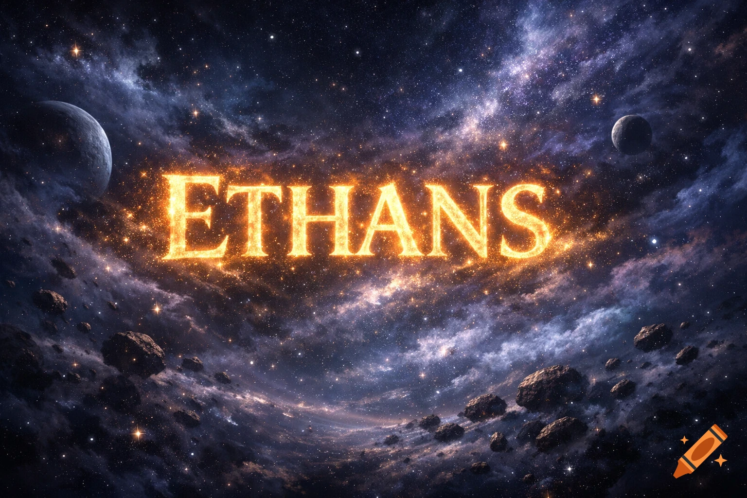 The word "ETHANS" glows in fiery orange, centered in a cosmic scene with planets, stars, and nebulas.
