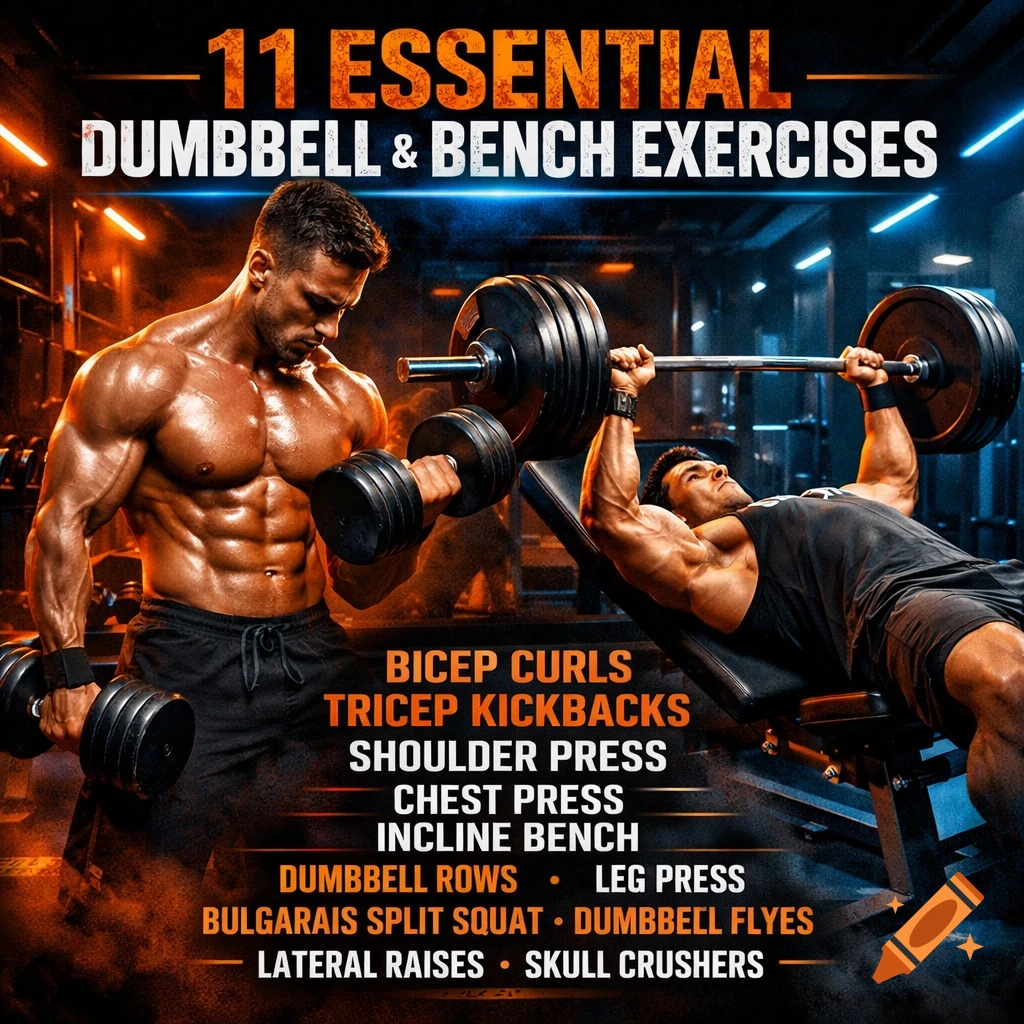 Two muscular men exercising with dumbbells and a barbell on a bench in a dark gym, with an exercise list overlay.