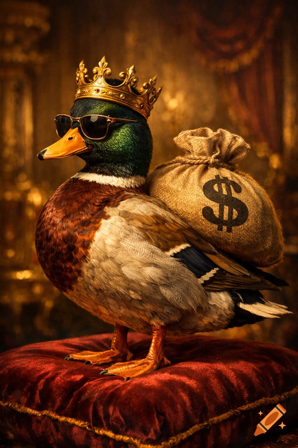 Photorealistic mallard duck wearing a golden crown and sunglasses, carrying a dollar-sign money bag, standing on a red velvet cushion.