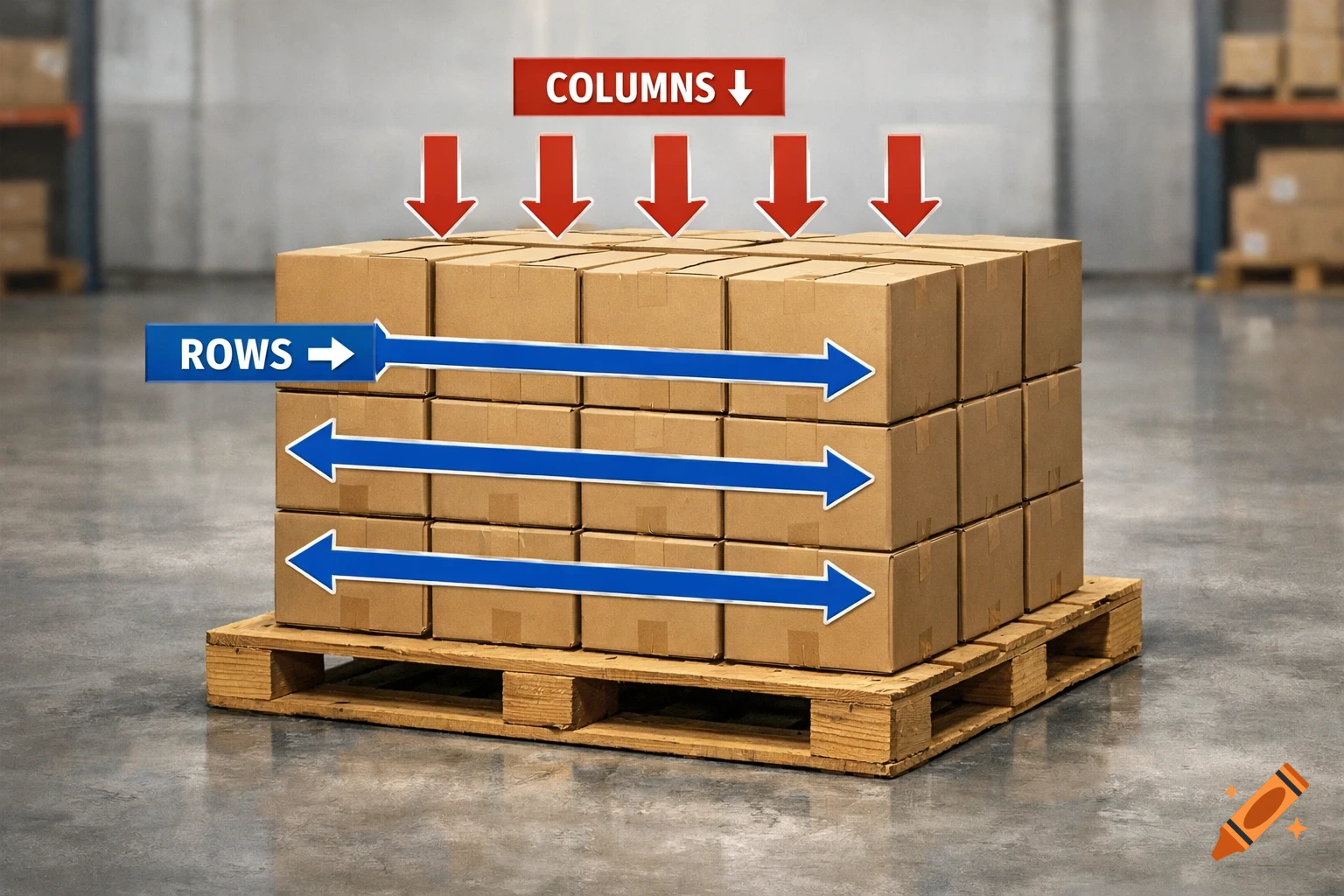 A wooden pallet with neatly stacked cardboard boxes in a warehouse. Blue arrows indicate "ROWS" horizontally, and red arrows indicate "COLUMNS" vertically.