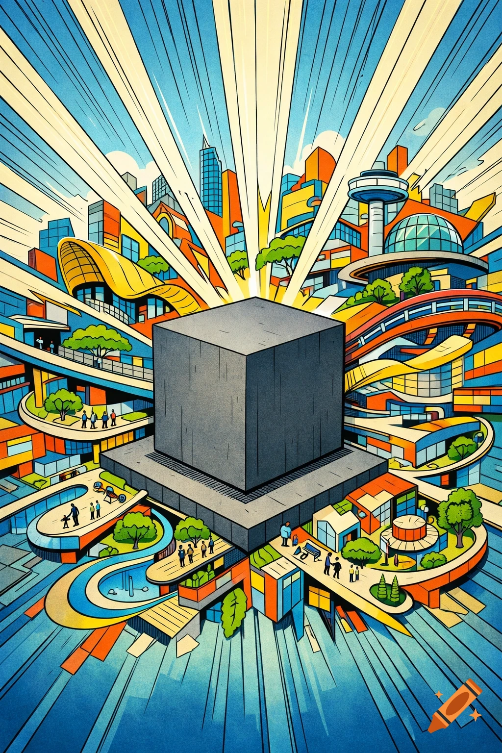 Vibrant isometric city with a large grey cube at the center, surrounded by colorful buildings, roads, and people, in a graphic style.