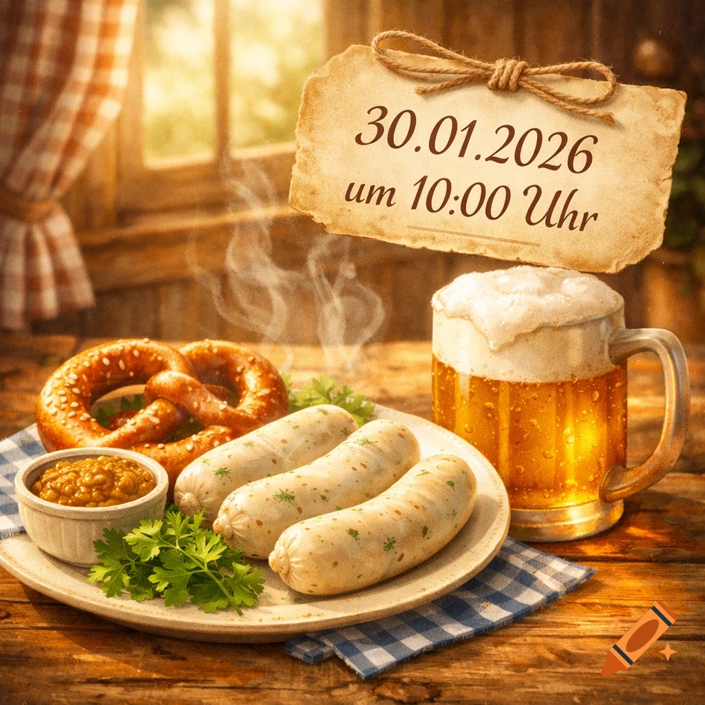 Weisswurst breakfast with sausages, a pretzel, mustard, and a beer mug on a rustic wooden table. A scroll shows the date '30.01.2026 um 10:00 Uhr'.