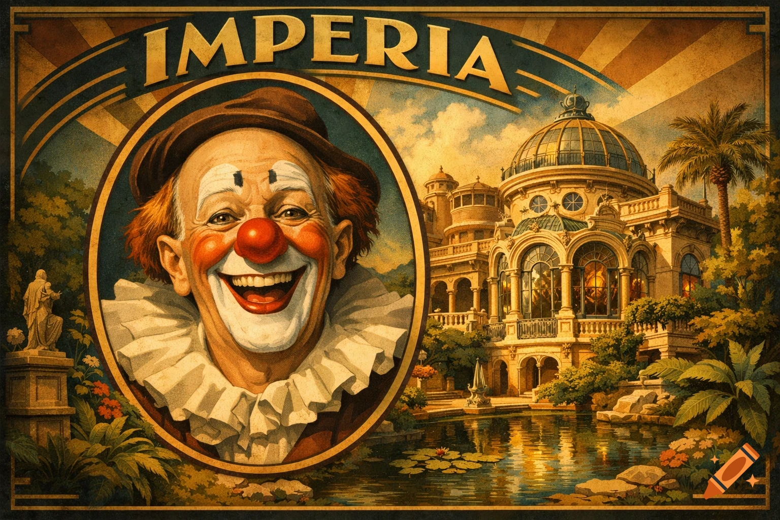Vintage poster for 'IMPERIA' with a smiling clown's head in an oval frame, beside an ornate villa, gardens, and pond.