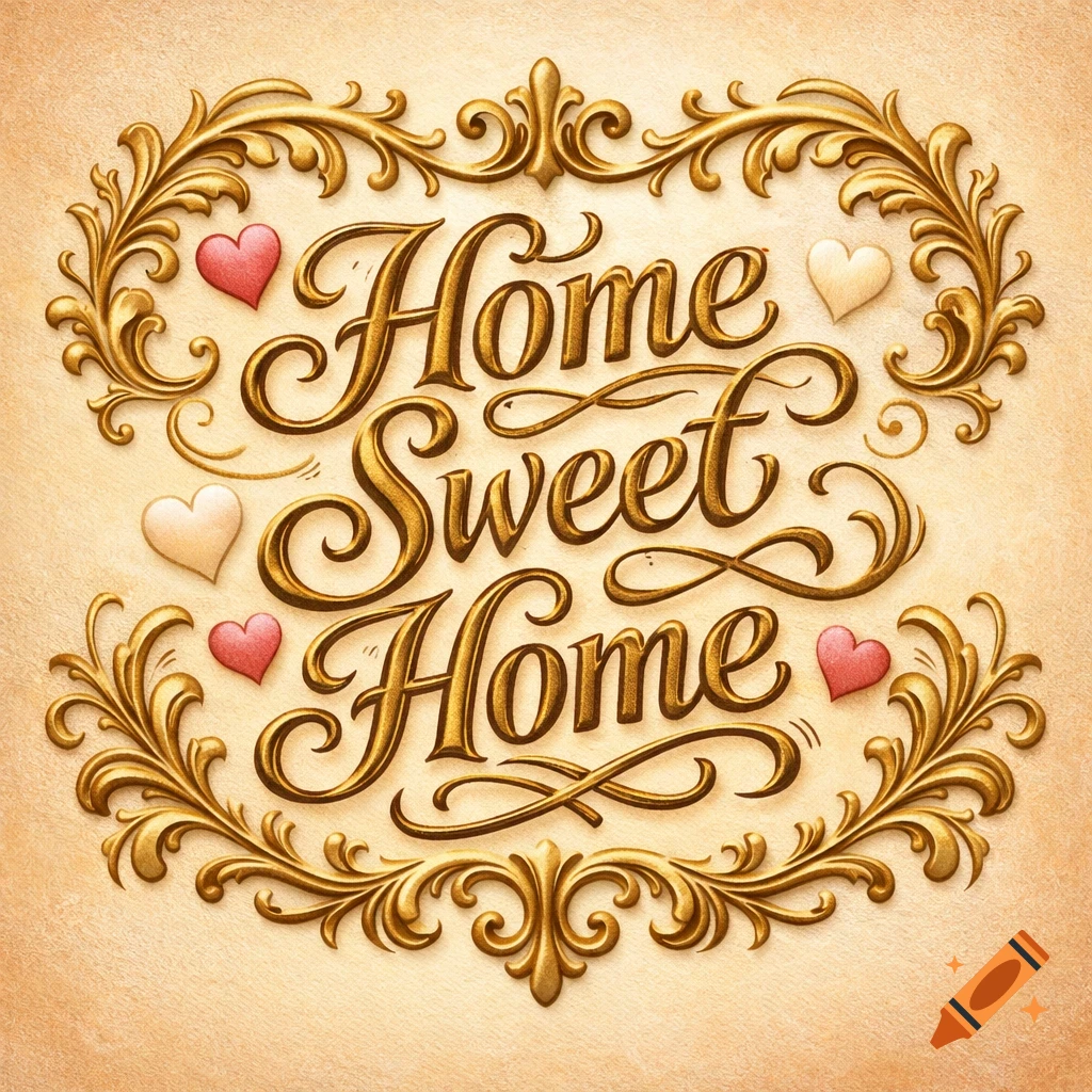 Ornate golden 'Home Sweet Home' script in a decorative frame with pink and white hearts on a textured beige background.