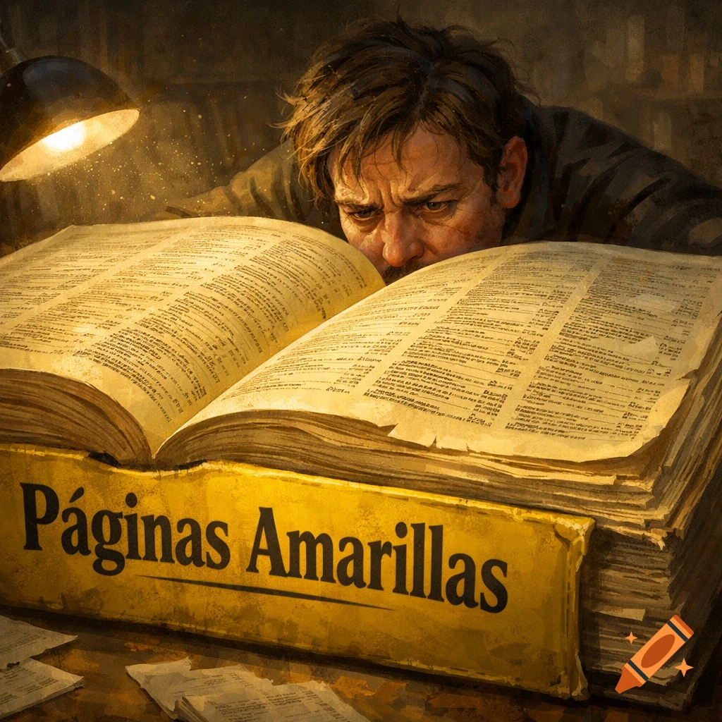 A tired man with a worried expression leans over and reads a giant, open yellow 'Páginas Amarillas' book under a desk lamp.
