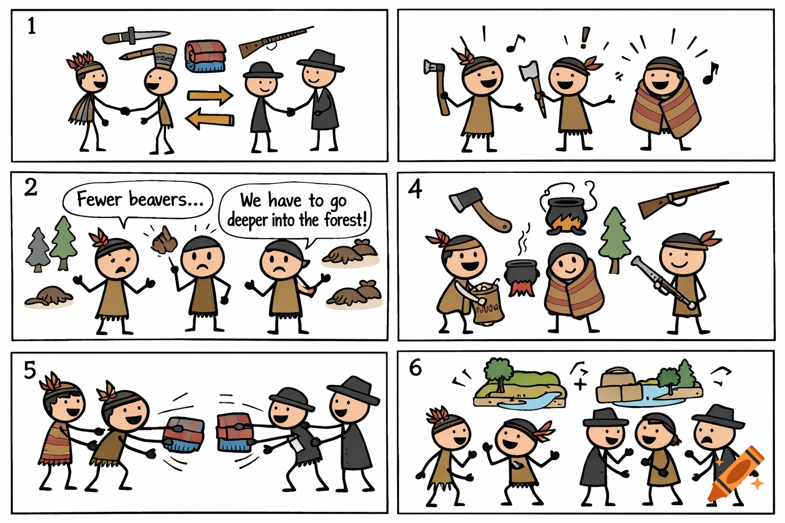 A six-panel stick figure comic depicts First Nations people and Europeans trading, showing their changing lives, resource depletion, and subsequent conflicts over land and resources.