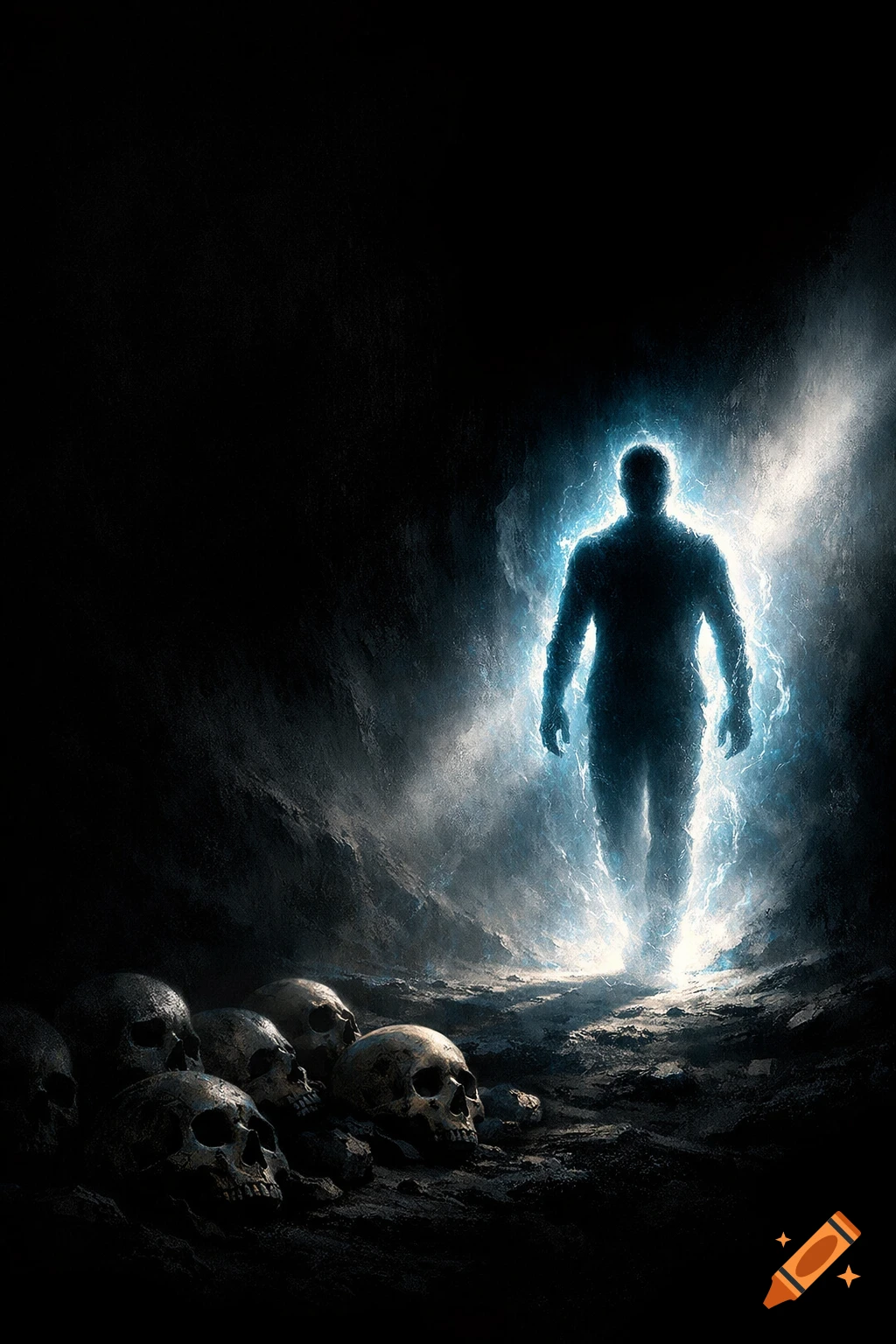 A glowing blue silhouette of a person emerges from a dark, smoky void, with a pile of human skulls in the foreground.