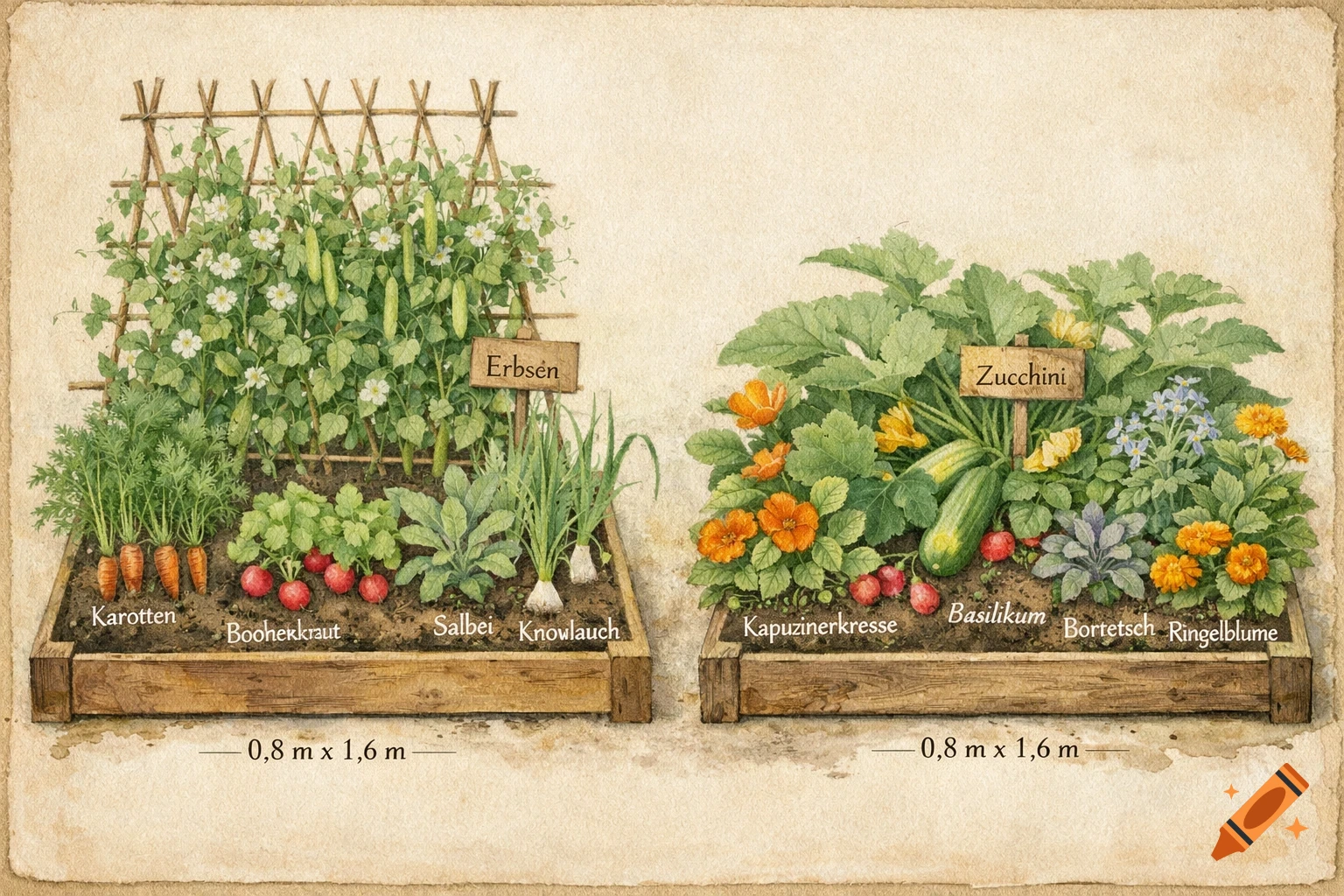 Watercolor illustration of two raised garden beds filled with various vegetables and companion plants, each labeled in German.