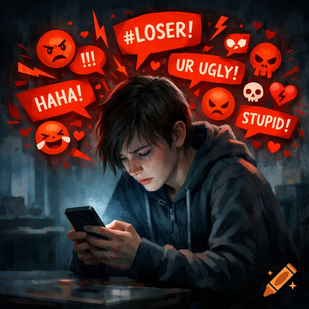 A crying teenager looks at their phone, surrounded by red speech bubbles with cyberbullying phrases like '#LOSER!', 'UR UGLY!', 'STUPID!' and angry emojis.