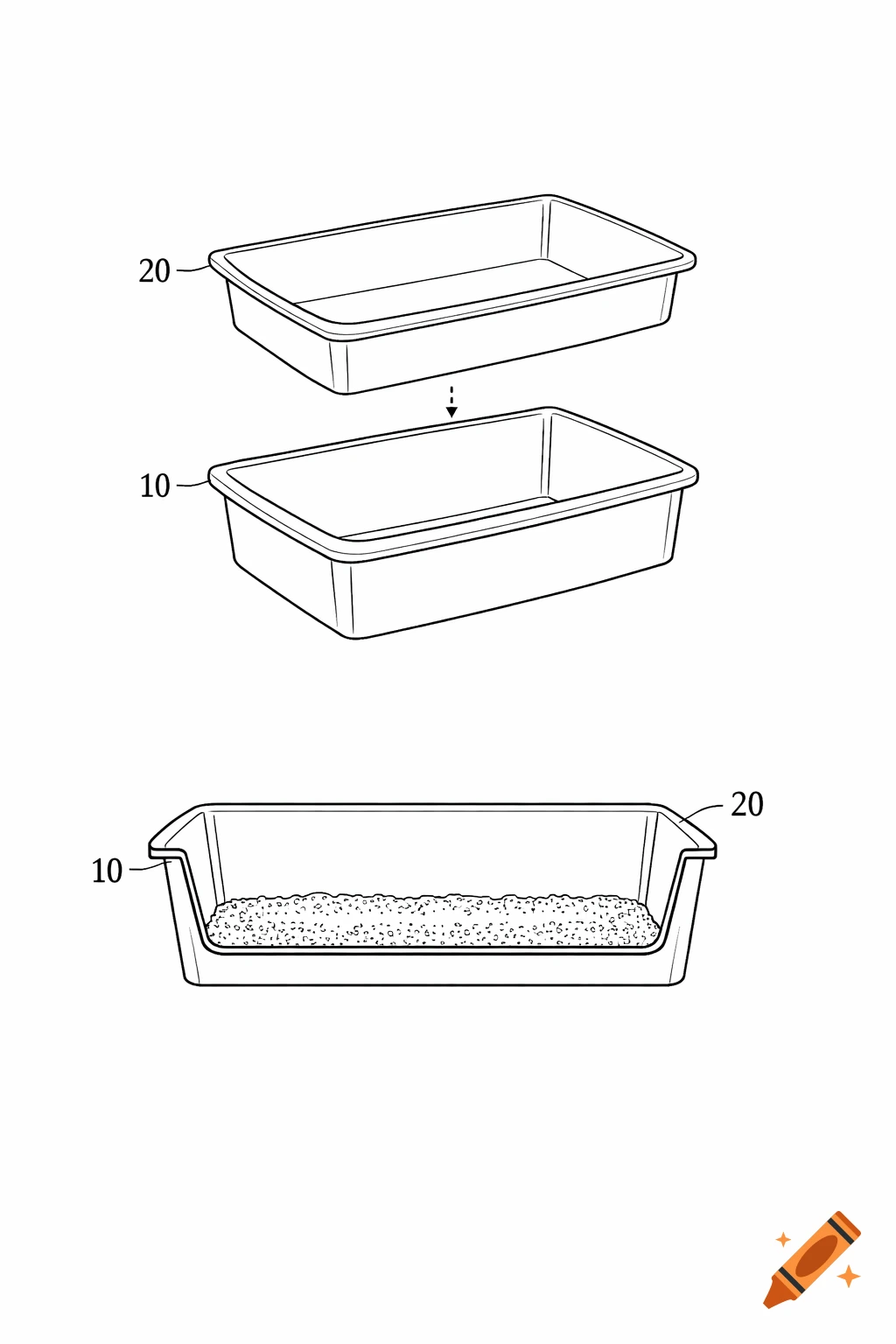 Patent-style line drawing of a cat litter box system, showing an exploded view of a box and liner, and a cross-section view.