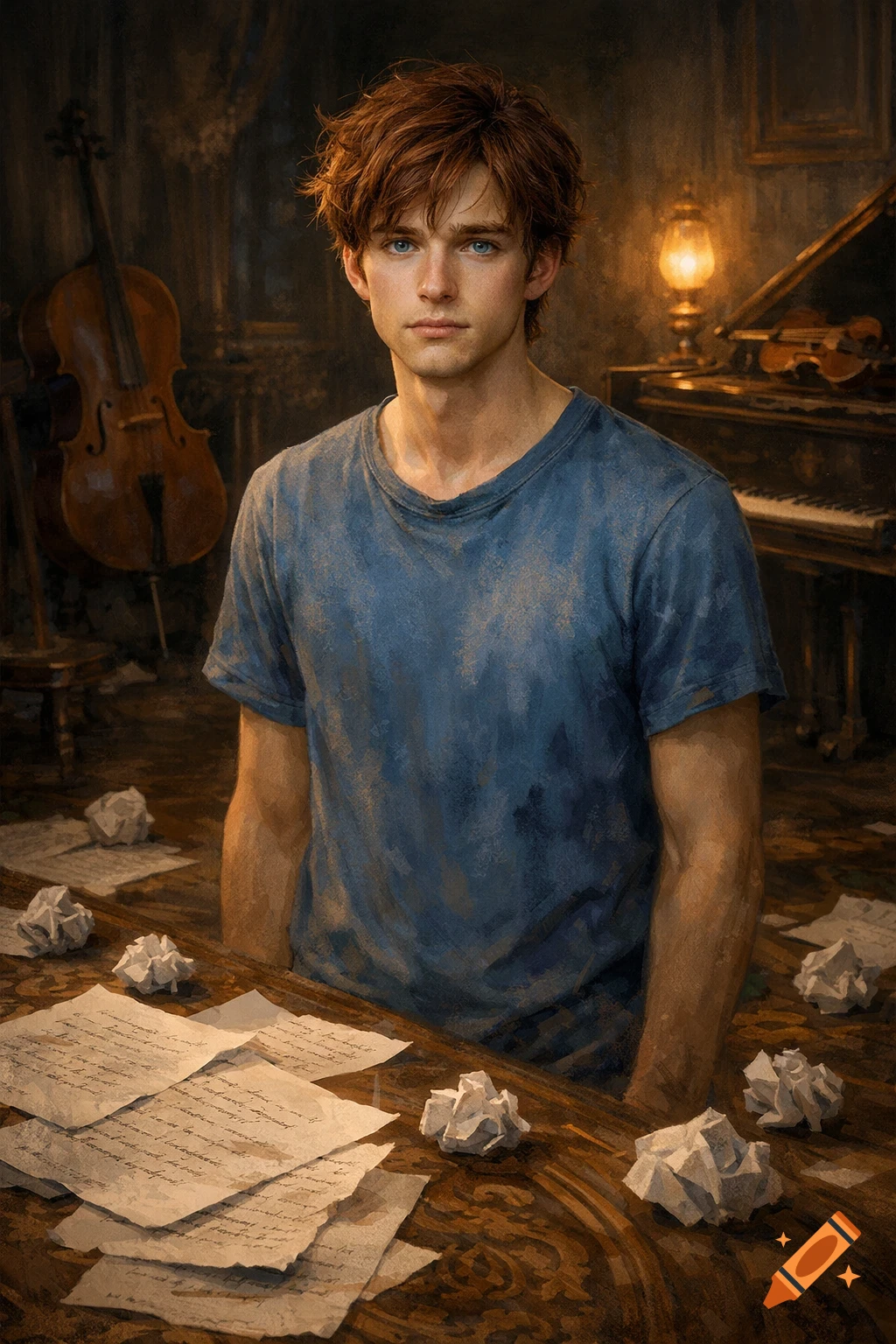 A young man with auburn hair and blue eyes looks directly ahead in a dimly lit Victorian music room, surrounded by instruments and crumpled papers.