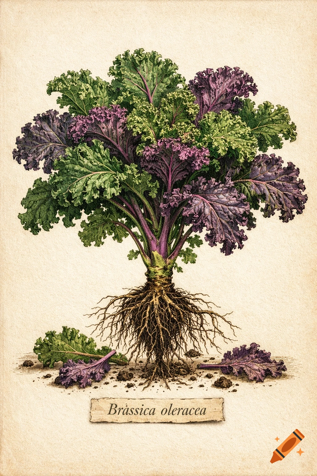 Botanical illustration of a vibrant green and purple kale plant with exposed roots, on a textured background, with a Brassica oleracea label.