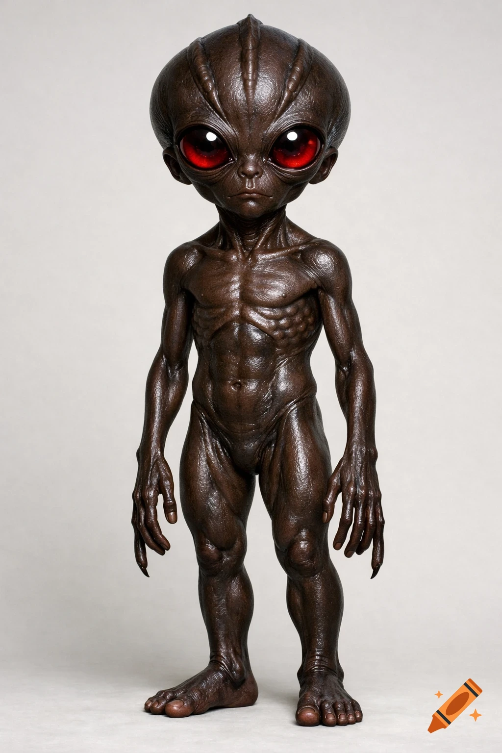 A full-body, realistic illustration of a dark brown alien creature with a large head, big red eyes, and a lean, muscular body, standing in a neutral pose.