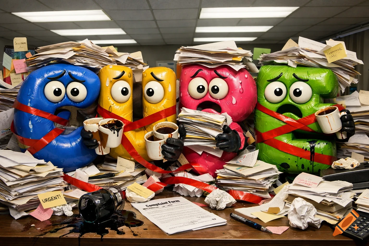 Four colorful, distressed, letter-shaped characters (blue, two yellow, pink, green) are overwhelmed by messy office paperwork, spilled coffee, and ink on a desk in a photorealistic style.