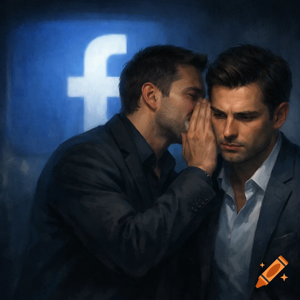 An illustration of one man whispering a secret into another man's ear, with a glowing blue Facebook logo in the background.