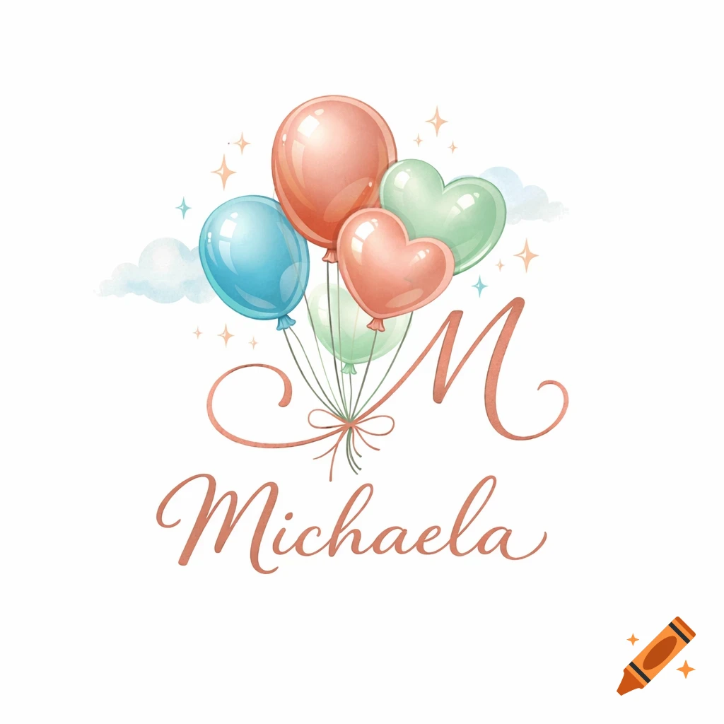 Watercolor logo with pink, blue, and green balloons, some heart-shaped, and the name 'Michaela' with a large 'M' in cursive.