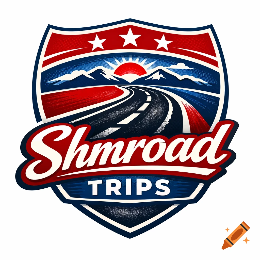 Shield-shaped logo with a winding road, mountains, and sun under three stars, in a red, white, and blue color scheme with text 'Shmroad TRIPS'.