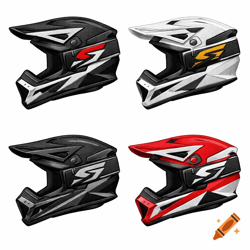 Four angular motocross helmets in different color schemes (black/red, white/gold, black/grey, red/white), each with a stylized 'G' or 'S' logo.