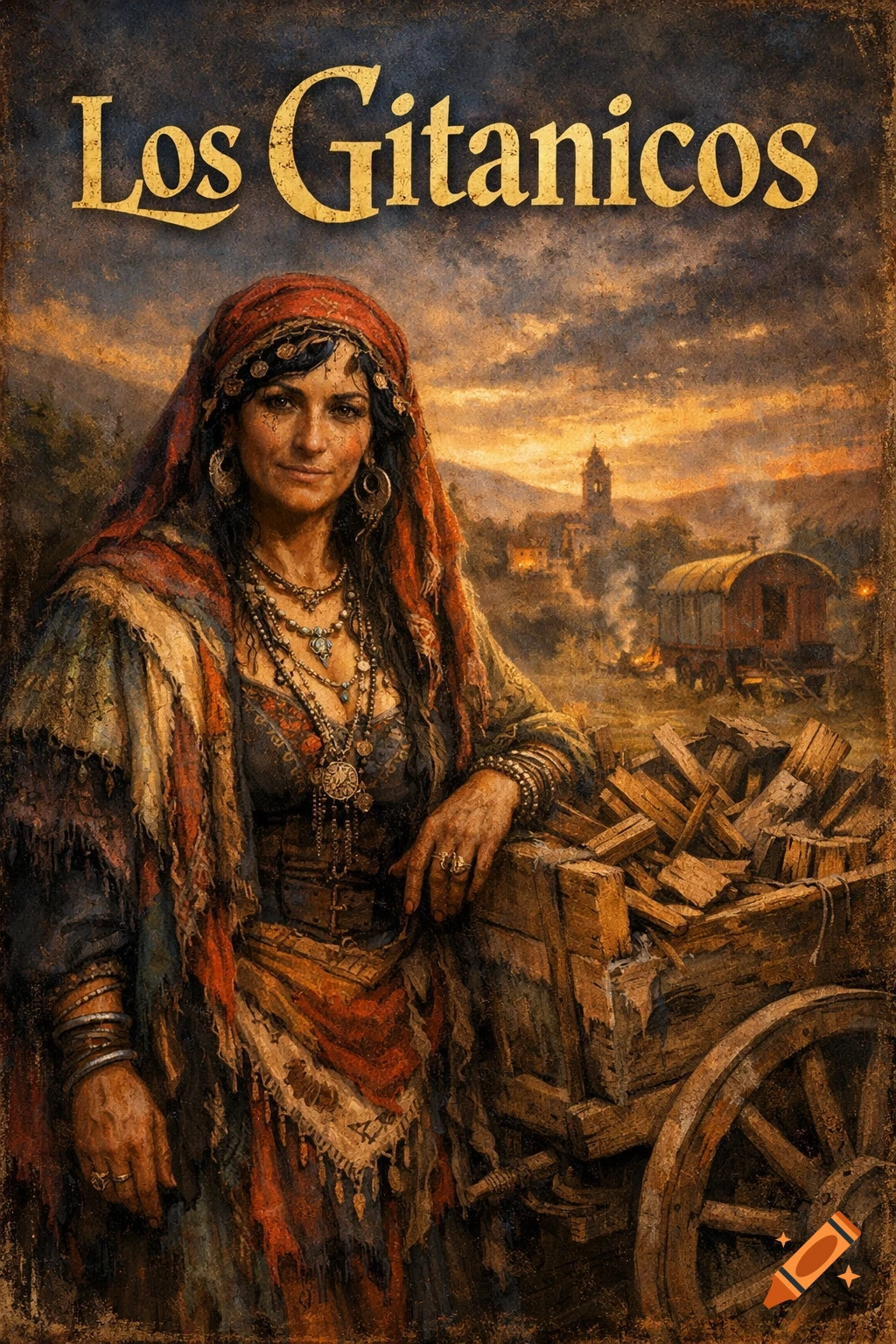 Text "Los Gitanicos" above a painting of a woman in traditional attire, adorned with jewelry, leaning on a wooden cart. Village and sunset in background.