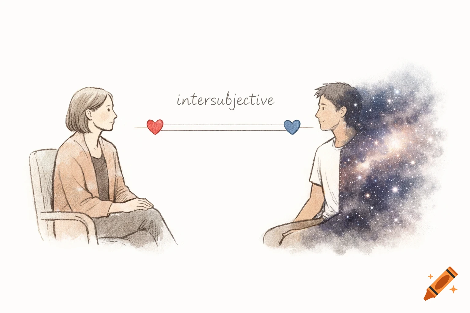 Hand-drawn illustration: therapist and patient. A line with hearts and 'intersubjective' text connects them. Patient's right side is cosmic.