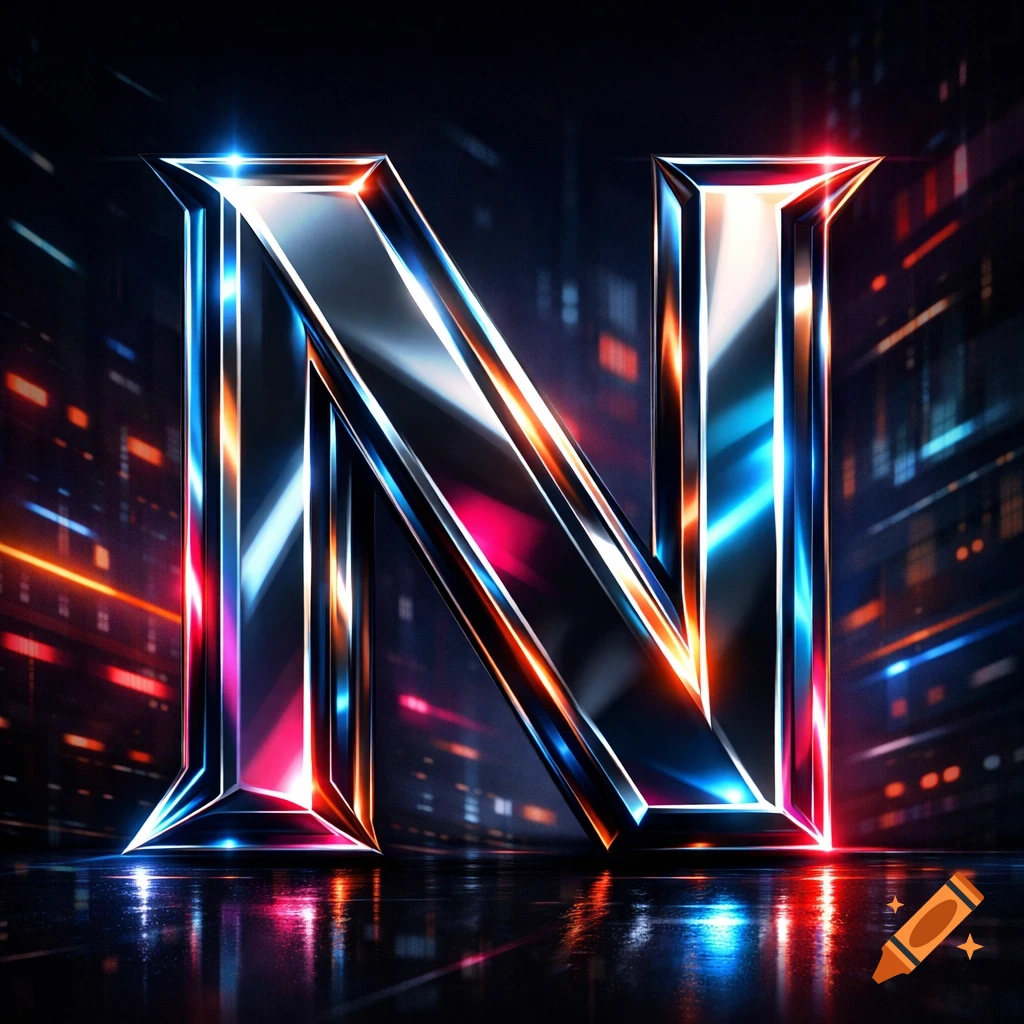 A shiny, metallic letter N with glowing neon edges stands on a reflective surface, backed by a blurry, colorful city night.
