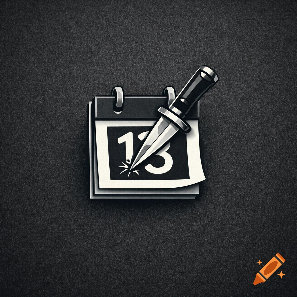 Monochrome stylized icon of a calendar with the number 13, a dagger plunged into it, against a dark textured background.