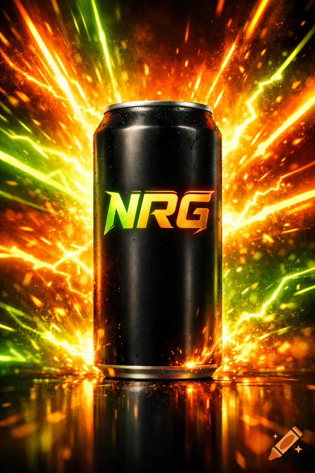 Black energy drink can labeled "NRG" surrounded by vibrant neon green and orange lightning sparks and reflections.