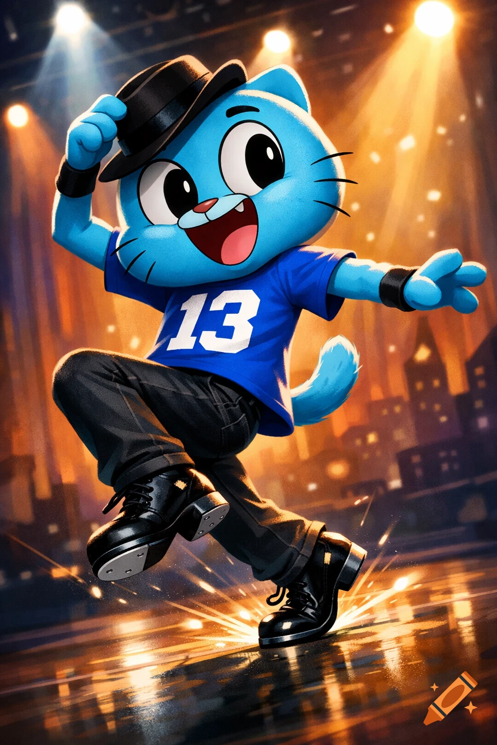 Vibrant illustration of Gumball Watterson tap dancing on a stage under spotlights, wearing a blue shirt with '13' and a black fedora.