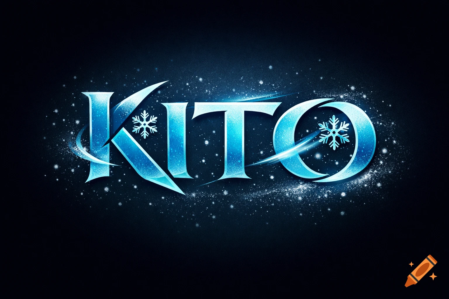 The word KITO rendered as a blue, frosty, icy logo with snow and sparkles on a dark background.