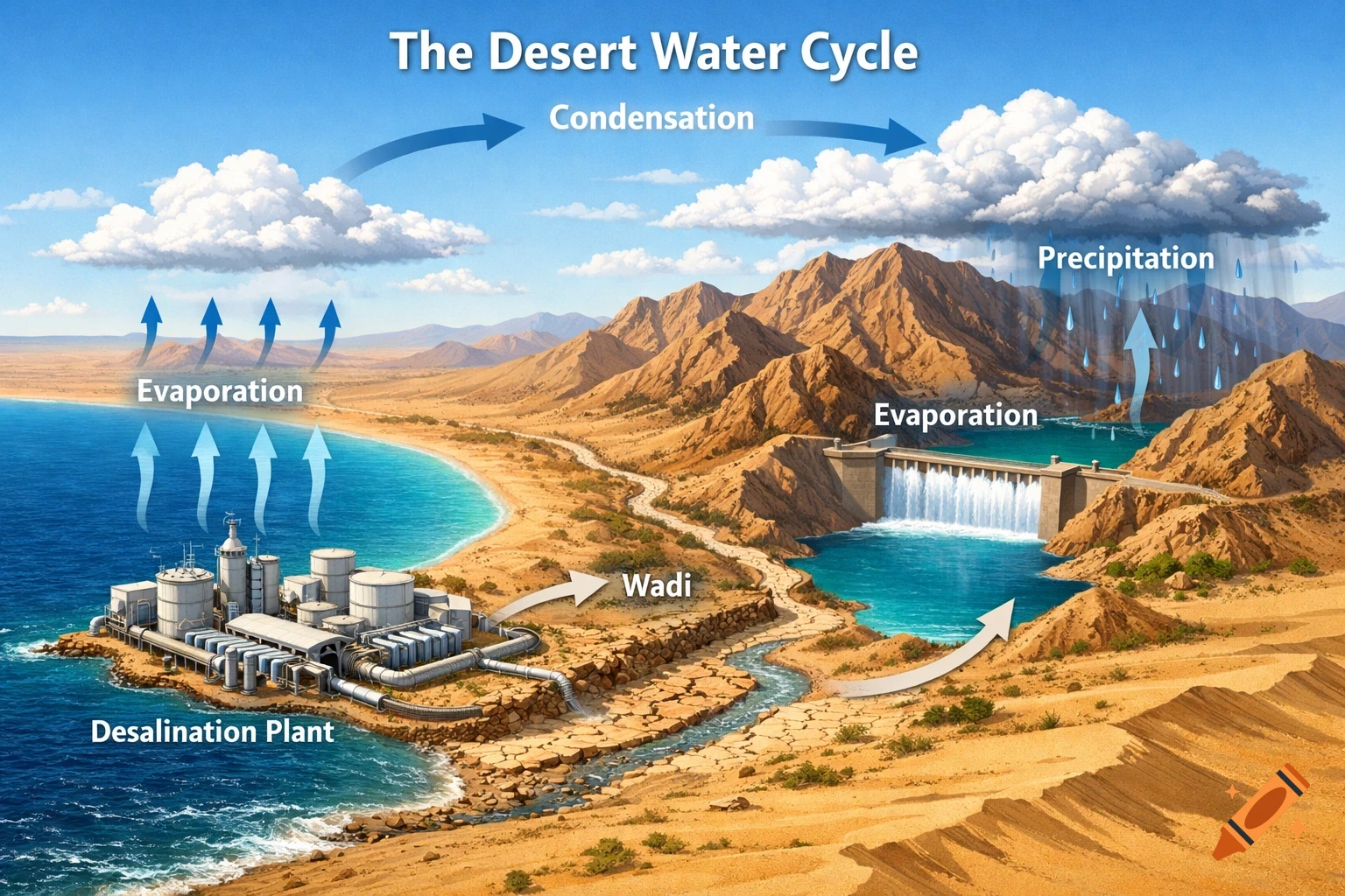 Diagram illustrating the desert water cycle with a desalination plant, dam, wadi, evaporation, condensation, and precipitation.
