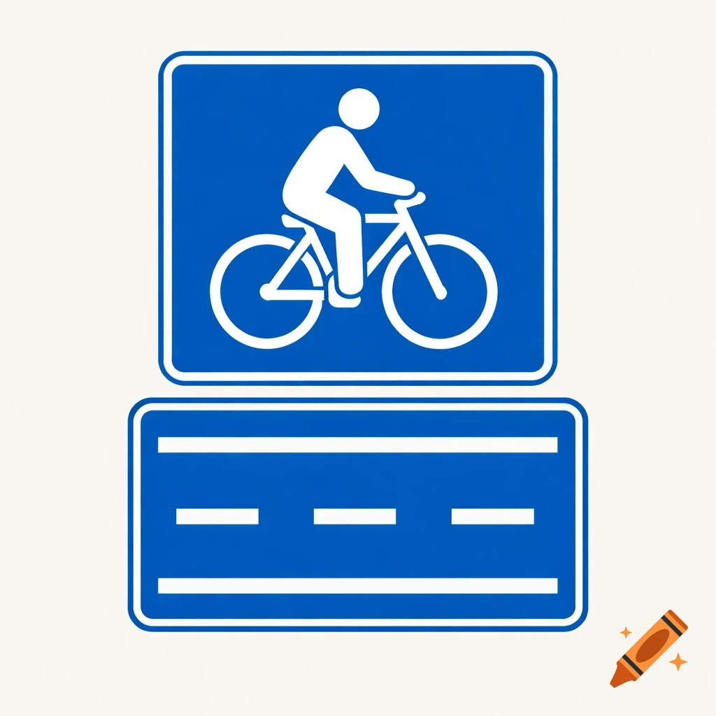Blue road sign with a white bicycle pictogram over a blue sign with white road lines.