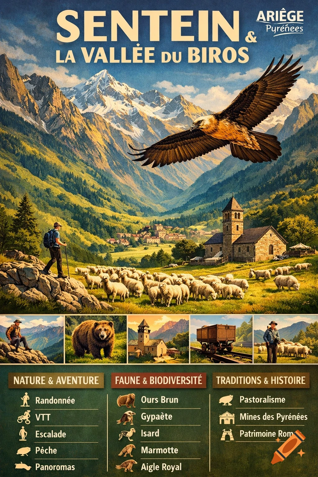 Vintage style travel poster of the Biros Valley in the Pyrénées, featuring mountains, a hiker, sheep, a flying eagle, a church, and smaller vignettes of wildlife and activities.