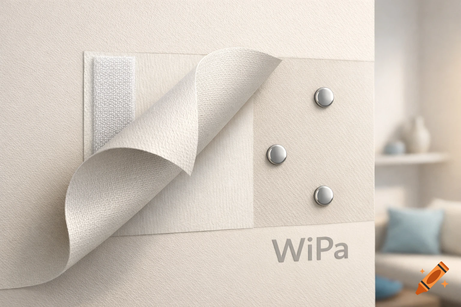 A beige textured material panel is partially peeled back from a wall, revealing a velcro strip on the left and three silver magnetic studs on the right. The brand name 'WiPa' is at the bottom right. A blurred modern living room is in the background. Photorealistic style.