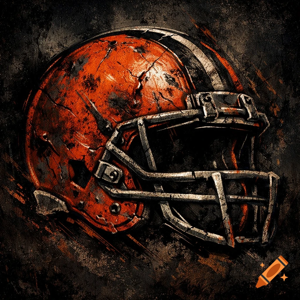 Distressed orange American football helmet with dark stripes on a dark, grungy background.