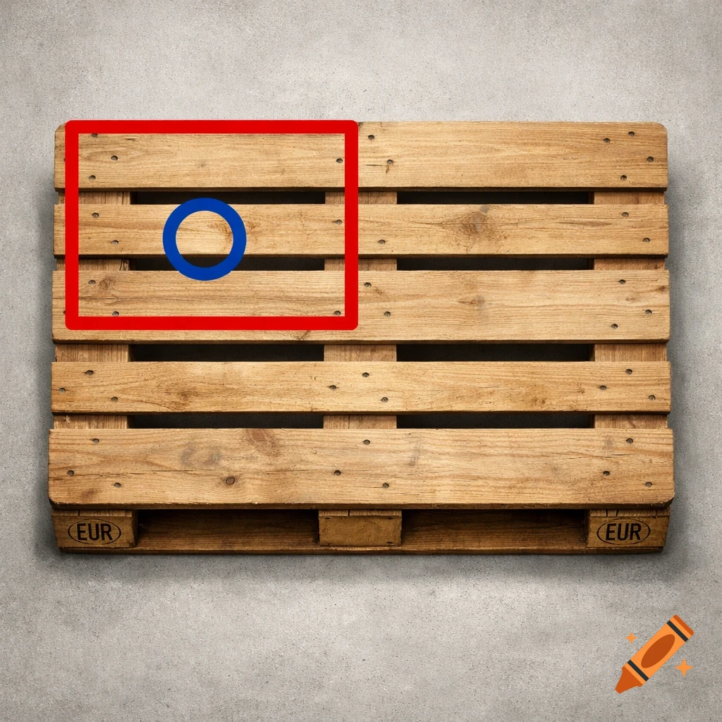 Photorealistic image of a wooden Europallet on a concrete floor, with a red square and blue circle overlay.