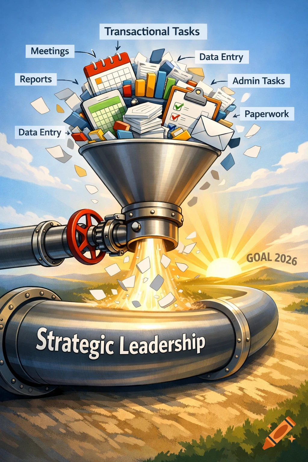 An illustration shows a funnel overflowing with papers labeled 'Transactional Tasks' like 'Meetings,' 'Reports,' 'Data Entry,' 'Admin Tasks,' and 'Paperwork.' The funnel feeds into a pipe labeled 'Strategic Leadership,' with a sun rising in the background labeled 'GOAL 2026.'