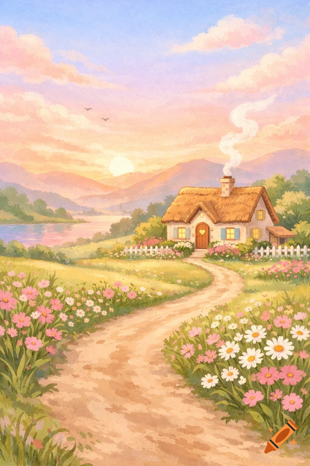 Pastel illustration of a charming thatched cottage surrounded by flowers, a path, and a lake under a sunset sky.