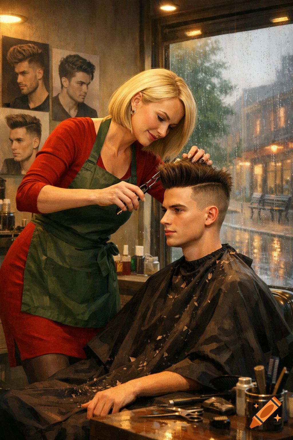 A blonde female hairdresser in a red dress and green apron cuts the hair of a young man in a barbershop on a rainy day, with model posters on the wall.