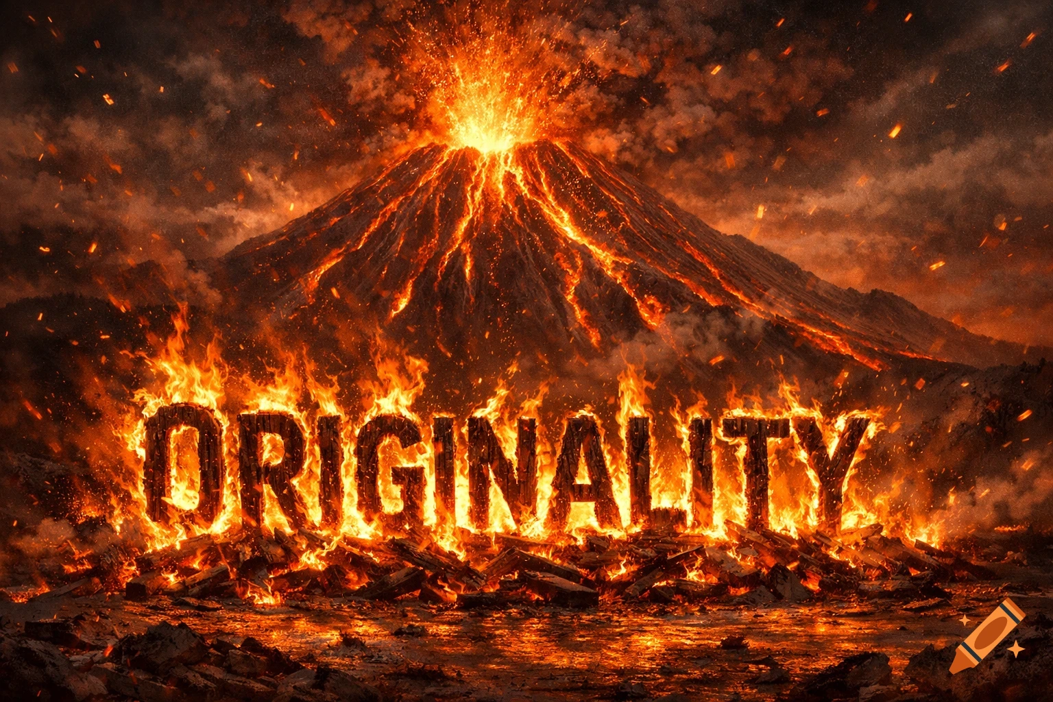 A photorealistic image of a fiery volcano erupting, with lava flows and the word 'ORIGINALITY' burning brightly in the foreground.