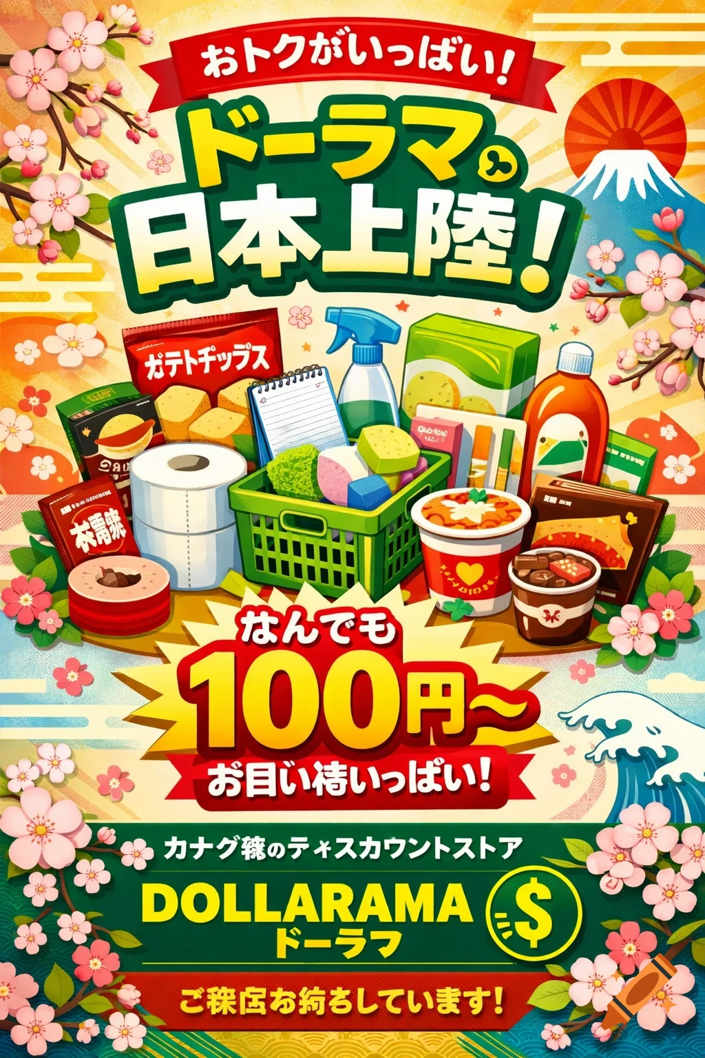 A colorful advertisement poster for Dollarama's expansion into Japan, featuring a vibrant mix of grocery and household products, Mount Fuji, cherry blossoms, and Japanese text. It promotes items starting from 100 yen.