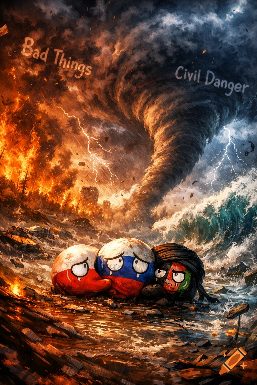 Poland, Russia, and Afghanistan countryballs look scared amidst a landscape of fire, a tornado, a tsunami, and lightning. Text reads 'Bad Things' and 'Civil Danger'.