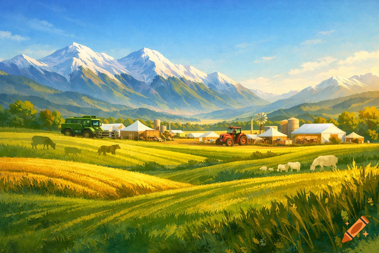 Vibrant painterly farm landscape with golden fields, grazing sheep and cows, tractors, tents, and snow-capped mountains.