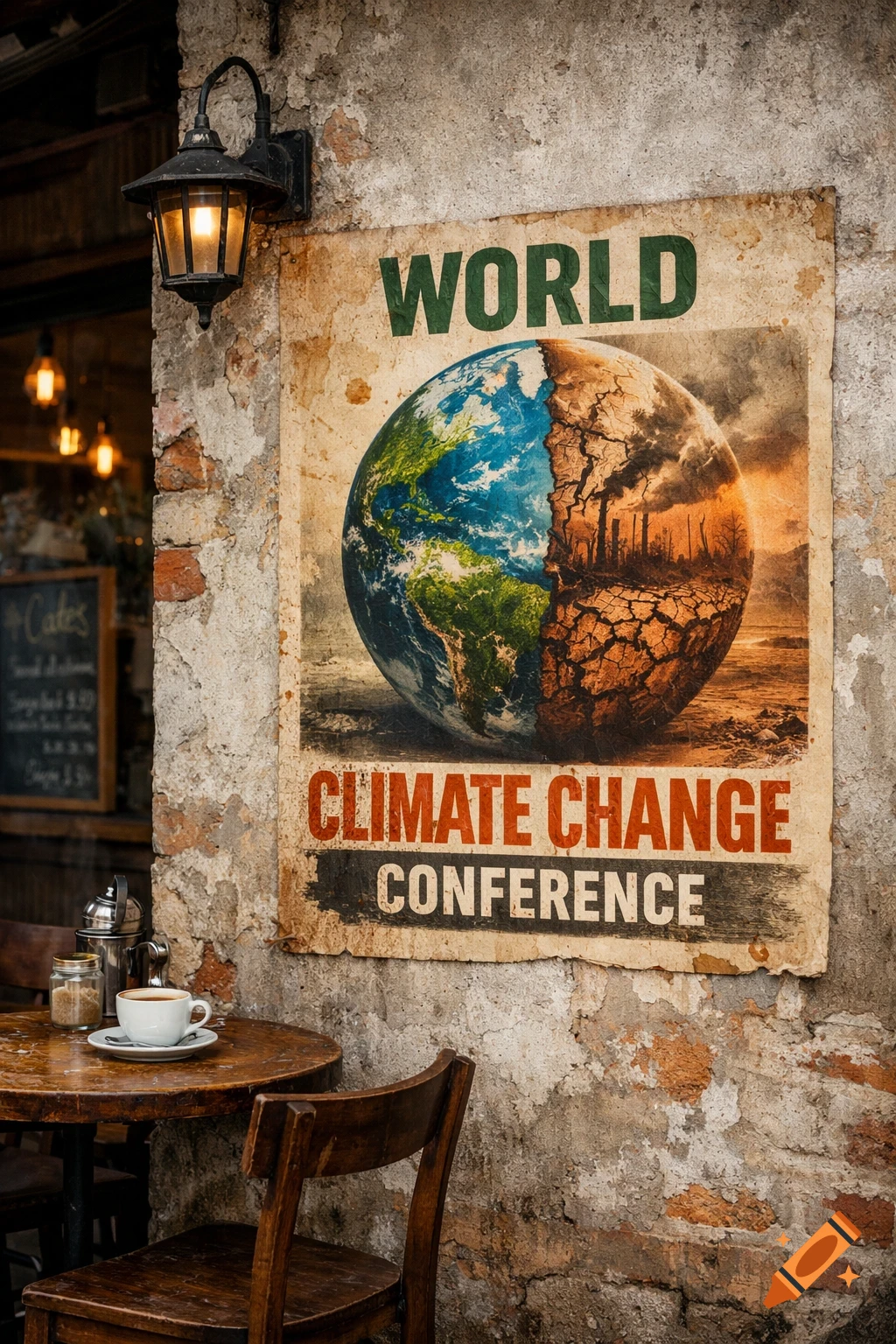 A photorealistic image of a vintage-style poster for the 'World Climate Change Conference' on an old brick wall, next to an outdoor cafe table with a coffee cup.