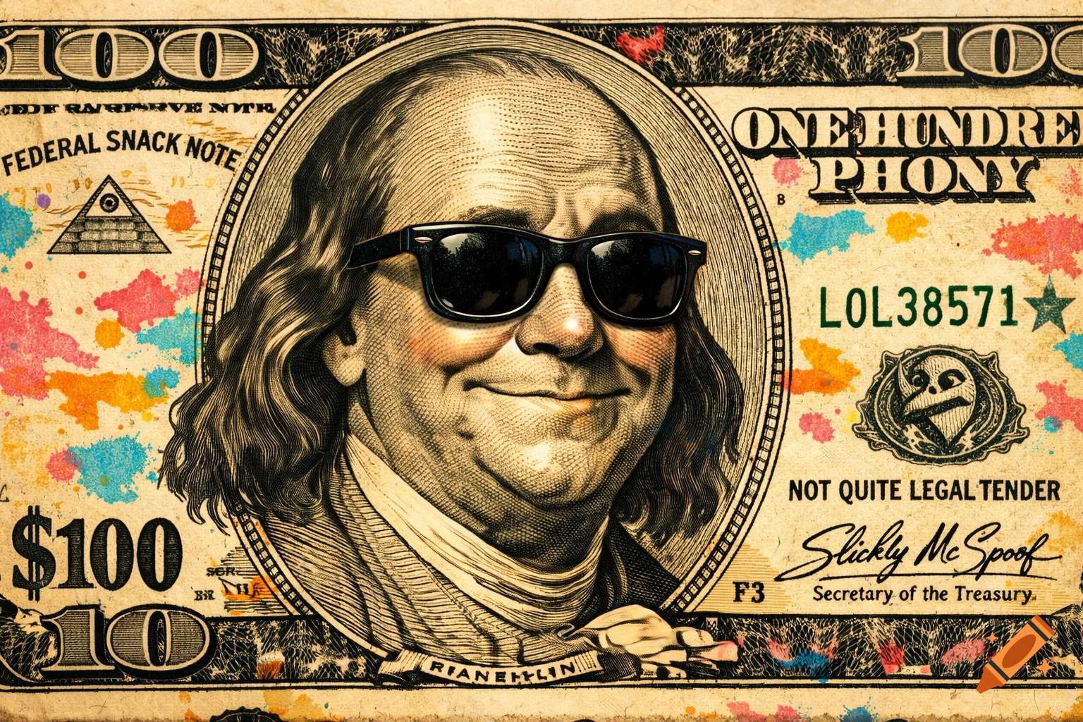 A stylized fake hundred-dollar bill with Benjamin Franklin wearing sunglasses and a mischievous smile, covered in colorful paint splatters.